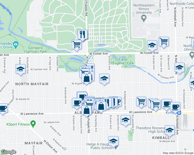 map of restaurants, bars, coffee shops, grocery stores, and more near 5034 North Springfield Avenue in Chicago