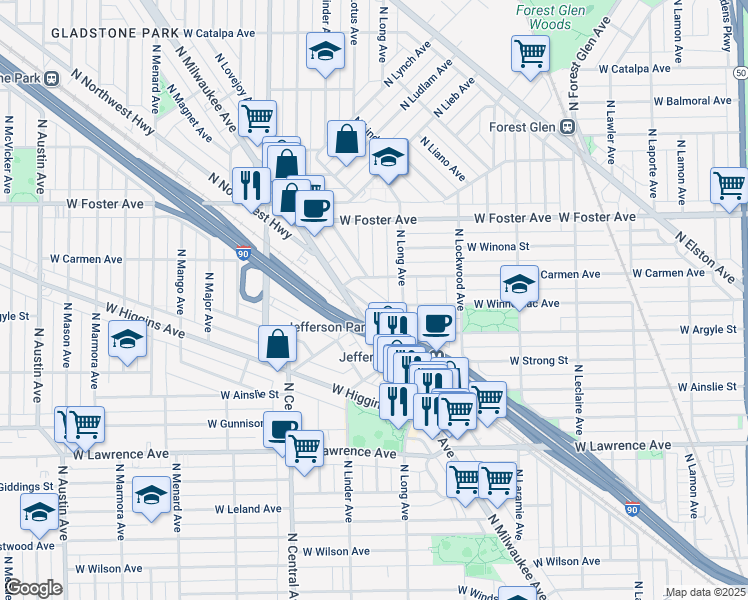 map of restaurants, bars, coffee shops, grocery stores, and more near 5421 West Carmen Avenue in Chicago