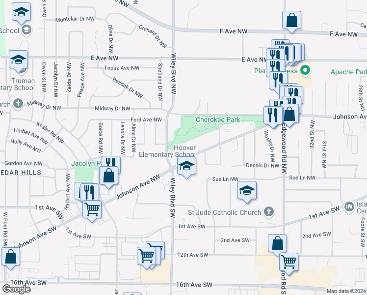 map of restaurants, bars, coffee shops, grocery stores, and more near 233 Harnett Street Northwest in Cedar Rapids