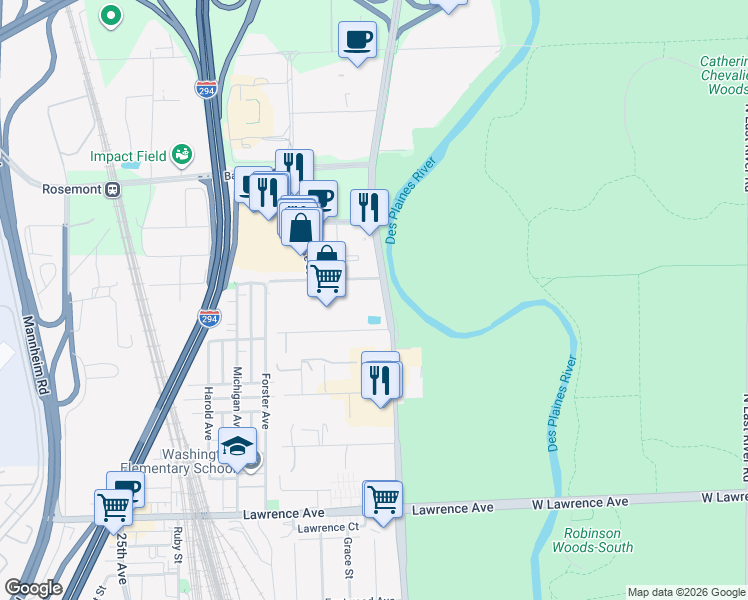 map of restaurants, bars, coffee shops, grocery stores, and more near 5100 River Road in Schiller Park