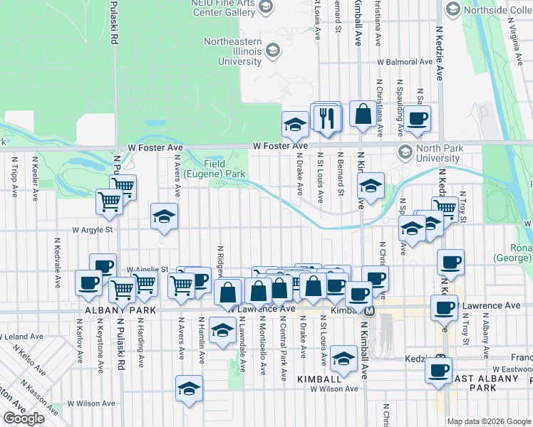 map of restaurants, bars, coffee shops, grocery stores, and more near 5030 North Central Park Avenue in Chicago