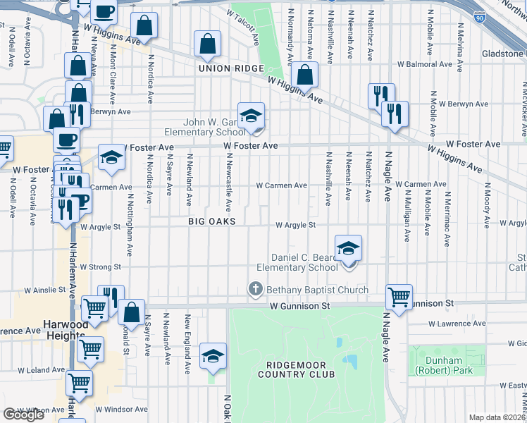 map of restaurants, bars, coffee shops, grocery stores, and more near 5035 North Rutherford Avenue in Chicago