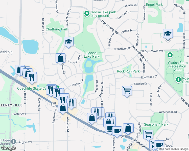 map of restaurants, bars, coffee shops, grocery stores, and more near 535 Radnor Drive in Roselle