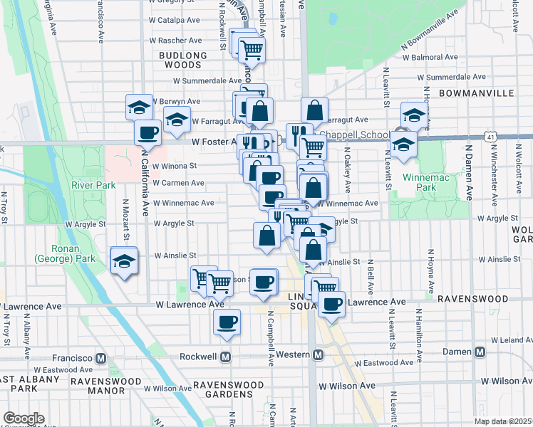 map of restaurants, bars, coffee shops, grocery stores, and more near 5067 North Lincoln Avenue in Chicago