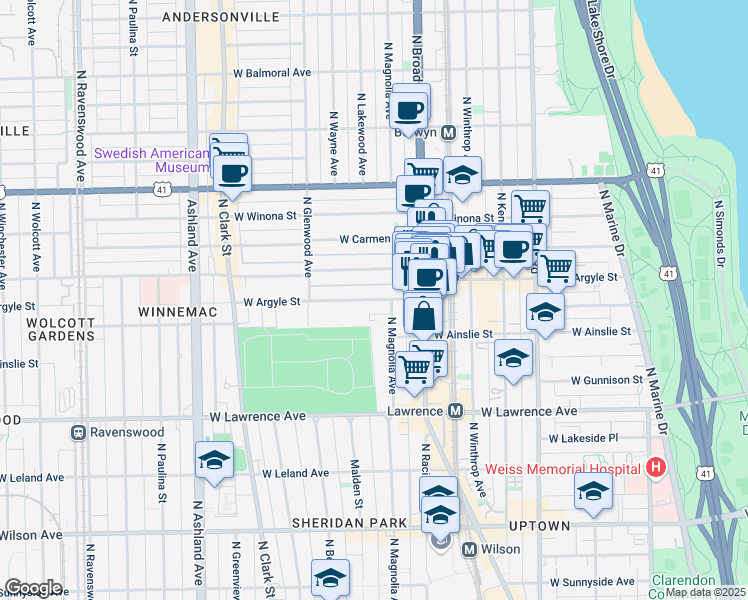 map of restaurants, bars, coffee shops, grocery stores, and more near 1242 West Argyle Street in Chicago