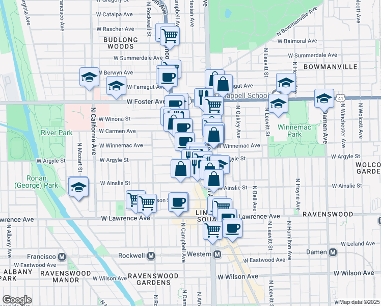 map of restaurants, bars, coffee shops, grocery stores, and more near 2423 West Winnemac Avenue in Chicago