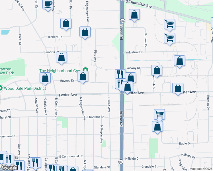 map of restaurants, bars, coffee shops, grocery stores, and more near 17W089 Hawthorne Avenue in Bensenville