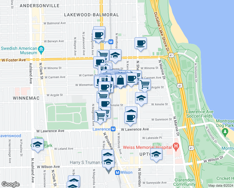 map of restaurants, bars, coffee shops, grocery stores, and more near 4936a North Winthrop Avenue in Chicago