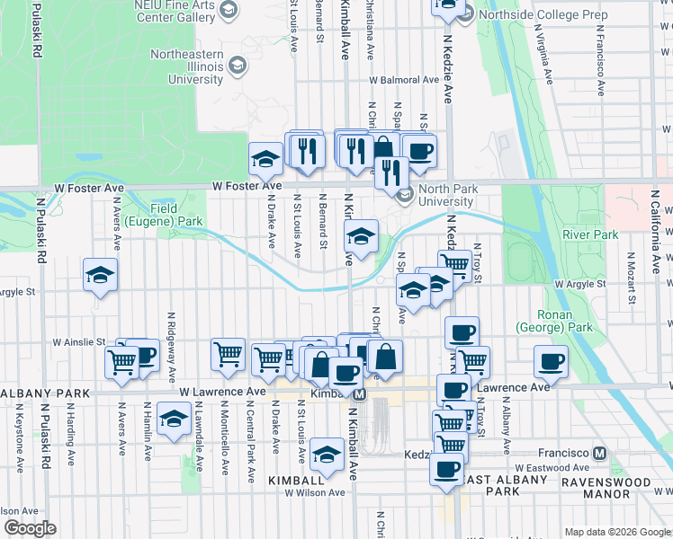 map of restaurants, bars, coffee shops, grocery stores, and more near 3410 West Carmen Avenue in Chicago