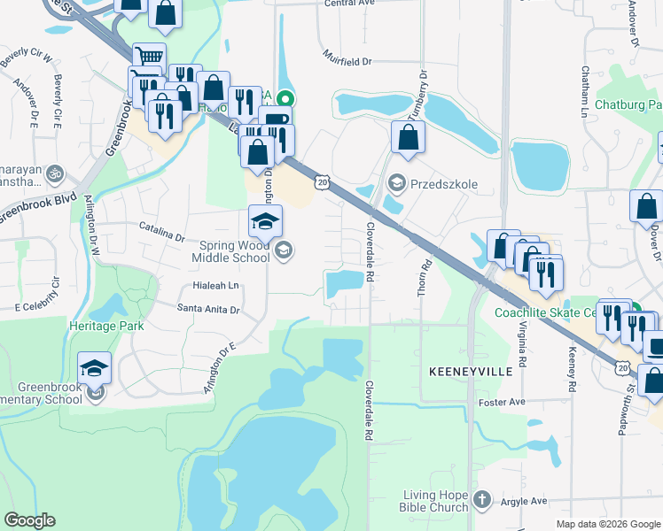 map of restaurants, bars, coffee shops, grocery stores, and more near 5509 Cambridge Way in Hanover Park