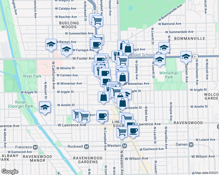 map of restaurants, bars, coffee shops, grocery stores, and more near 2423 West Winnemac Avenue in Chicago