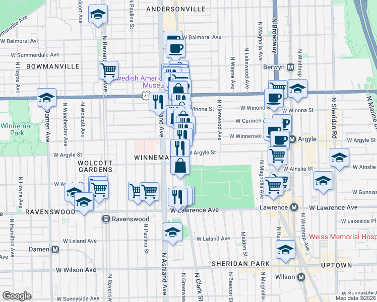map of restaurants, bars, coffee shops, grocery stores, and more near 5015 North Clark Street in Chicago