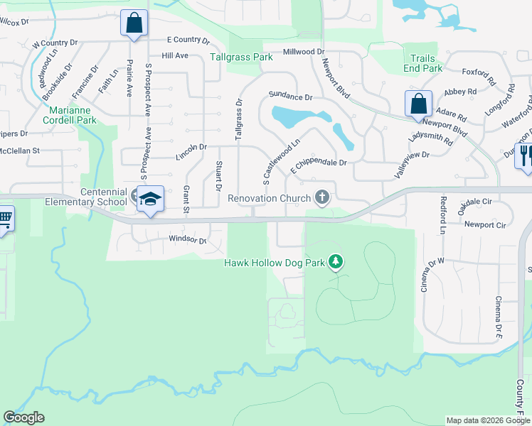 map of restaurants, bars, coffee shops, grocery stores, and more near 357 Castlewood Lane in Bartlett