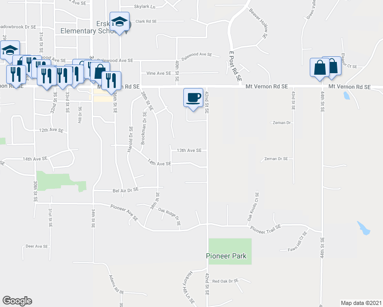 map of restaurants, bars, coffee shops, grocery stores, and more near 4017 13th Avenue Southeast in Cedar Rapids