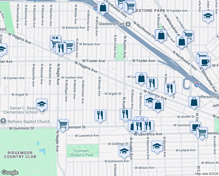 map of restaurants, bars, coffee shops, grocery stores, and more near 5026 North McVicker Avenue in Chicago