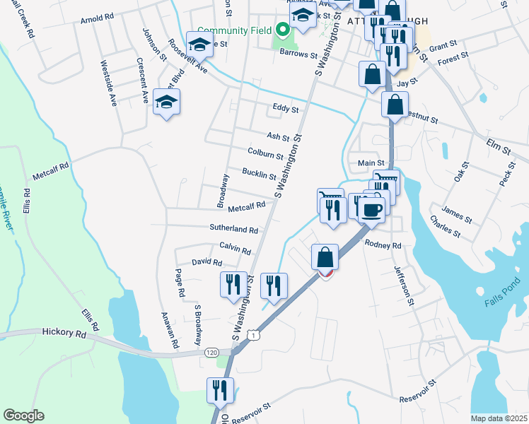 map of restaurants, bars, coffee shops, grocery stores, and more near 285 South Washington Street in North Attleborough