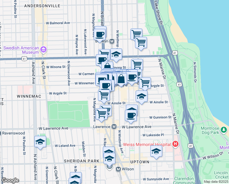 map of restaurants, bars, coffee shops, grocery stores, and more near 1119 West Argyle Street in Chicago