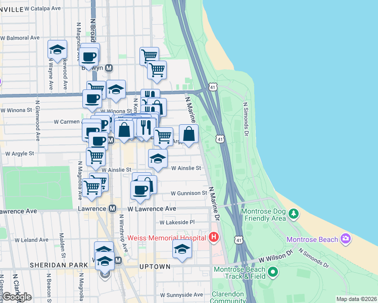 map of restaurants, bars, coffee shops, grocery stores, and more near 901 West Argyle Street in Chicago