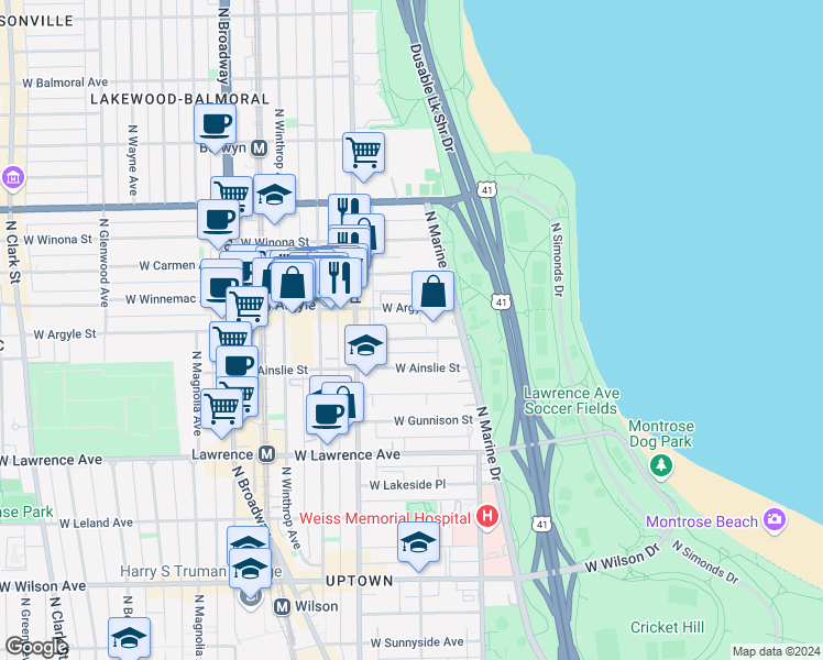 map of restaurants, bars, coffee shops, grocery stores, and more near 901 West Argyle Street in Chicago