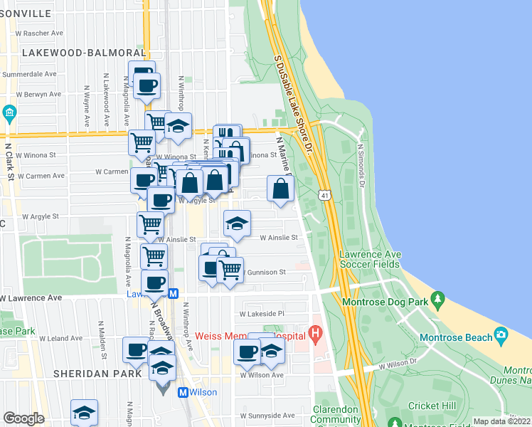 map of restaurants, bars, coffee shops, grocery stores, and more near 901 West Argyle Street in Chicago