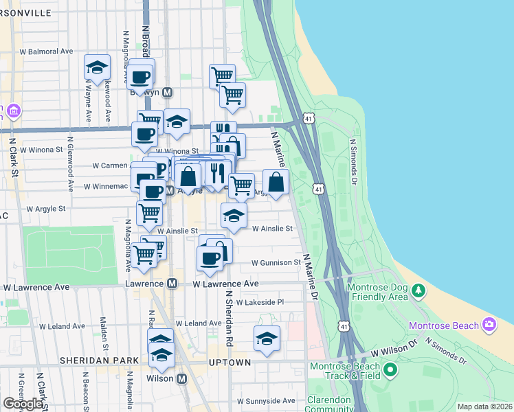 map of restaurants, bars, coffee shops, grocery stores, and more near 901 West Argyle Street in Chicago