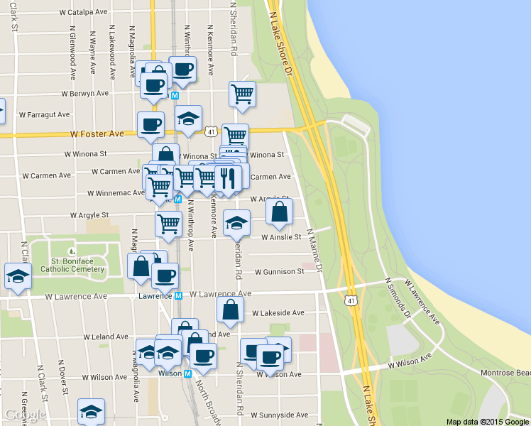 map of restaurants, bars, coffee shops, grocery stores, and more near 901 West Argyle Street in Chicago