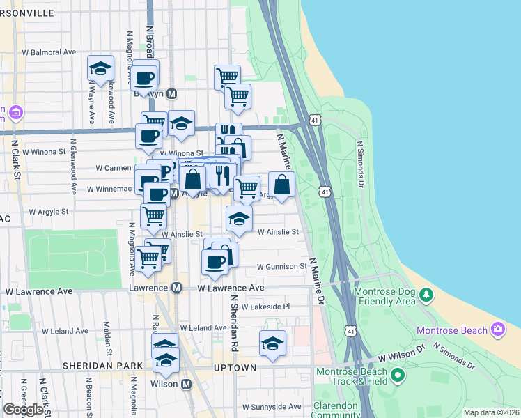 map of restaurants, bars, coffee shops, grocery stores, and more near 901 West Argyle Street in Chicago