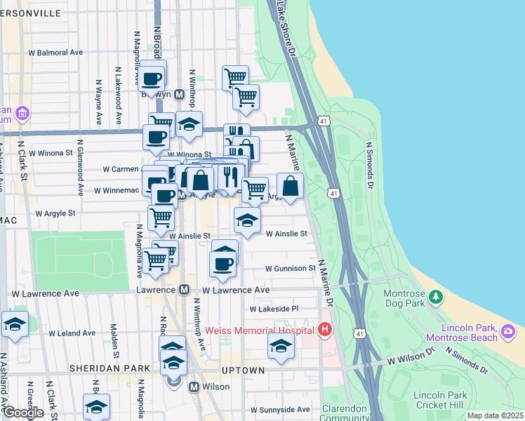 map of restaurants, bars, coffee shops, grocery stores, and more near 939 West Argyle Street in Chicago