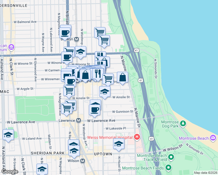 map of restaurants, bars, coffee shops, grocery stores, and more near 937 West Argyle Street in Chicago