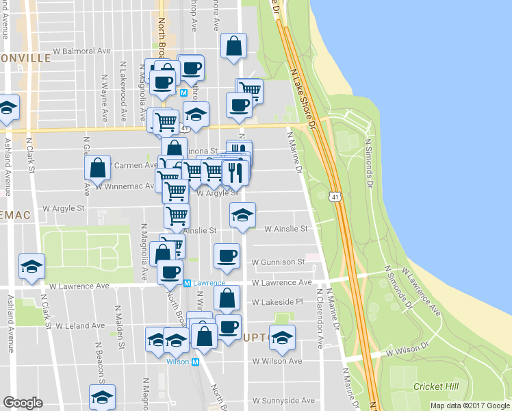 map of restaurants, bars, coffee shops, grocery stores, and more near 937 West Argyle Street in Chicago