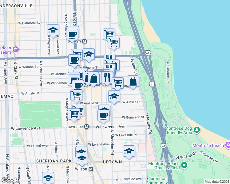 map of restaurants, bars, coffee shops, grocery stores, and more near 937 West Argyle Street in Chicago