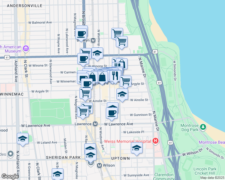 map of restaurants, bars, coffee shops, grocery stores, and more near 1005 West Argyle Street in Chicago