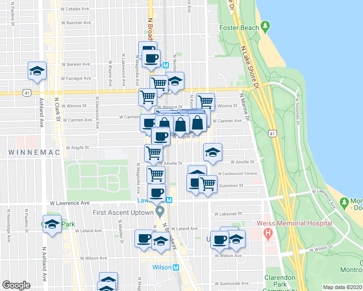 map of restaurants, bars, coffee shops, grocery stores, and more near in Chicago