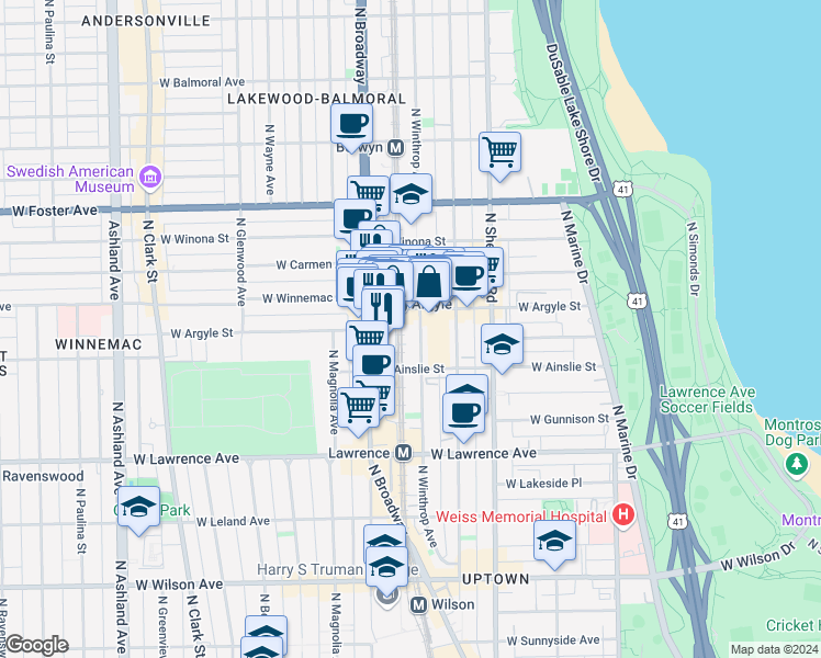map of restaurants, bars, coffee shops, grocery stores, and more near 1119 West Argyle Street in Chicago