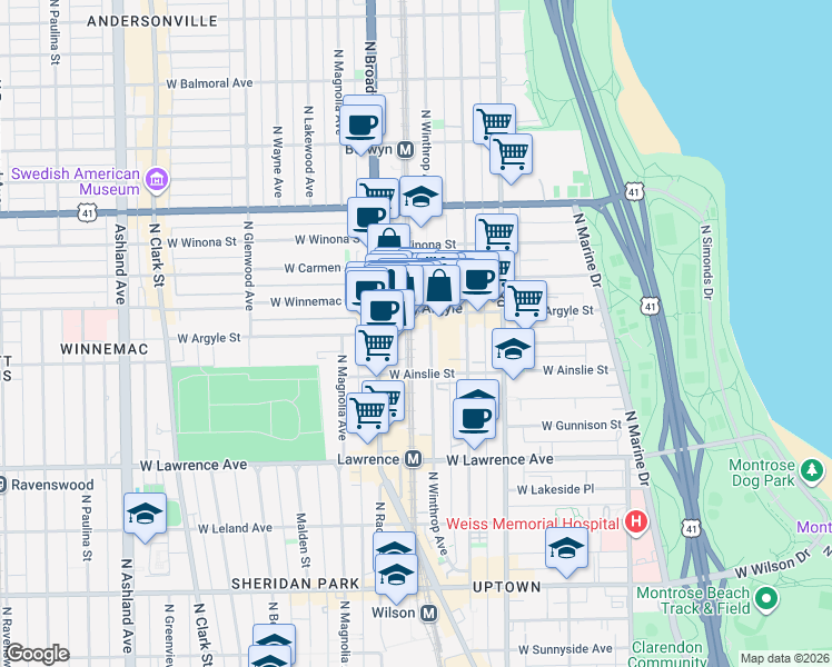 map of restaurants, bars, coffee shops, grocery stores, and more near 1119 West Argyle Street in Chicago