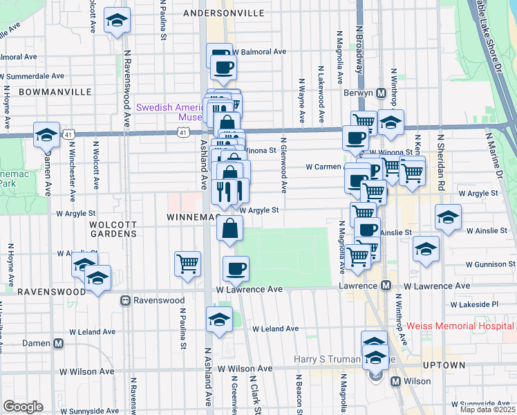 map of restaurants, bars, coffee shops, grocery stores, and more near 1448 West Argyle Street in Chicago
