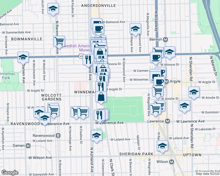 map of restaurants, bars, coffee shops, grocery stores, and more near 5015 North Clark Street in Chicago