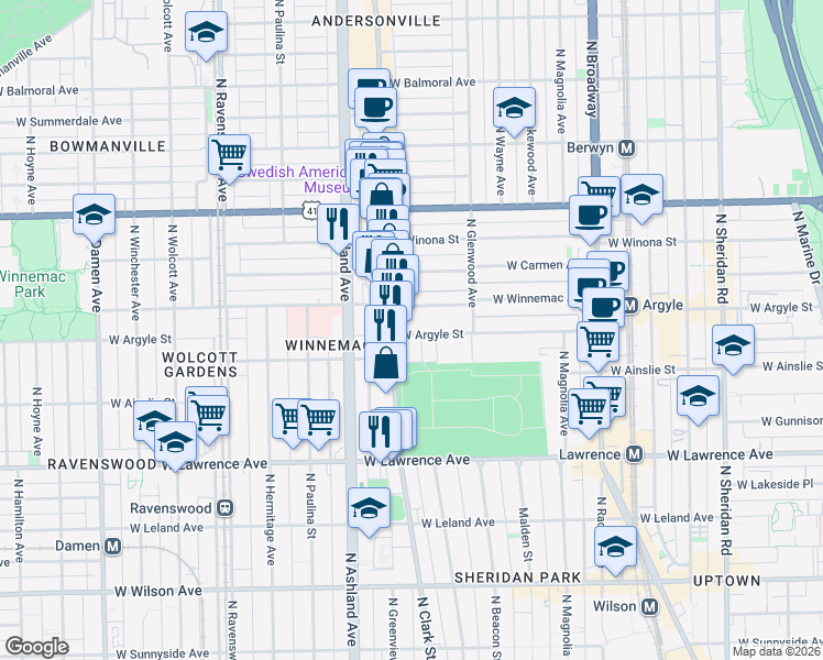 map of restaurants, bars, coffee shops, grocery stores, and more near 5015 North Clark Street in Chicago