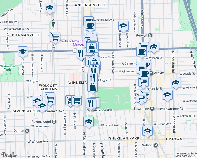 map of restaurants, bars, coffee shops, grocery stores, and more near 5015 North Clark Street in Chicago