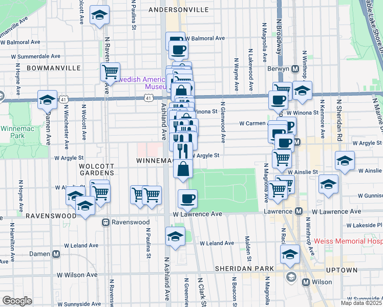 map of restaurants, bars, coffee shops, grocery stores, and more near in Chicago