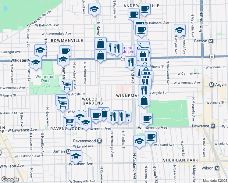 map of restaurants, bars, coffee shops, grocery stores, and more near 5015 North Hermitage Avenue in Chicago