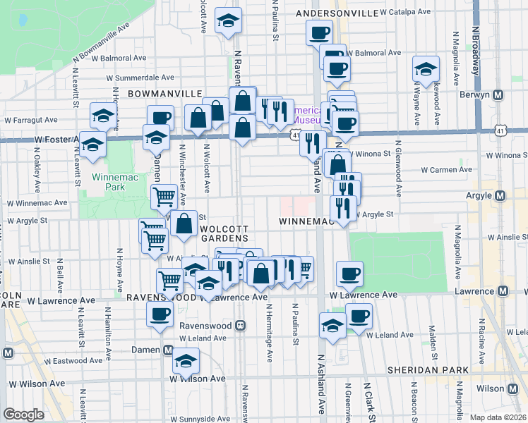 map of restaurants, bars, coffee shops, grocery stores, and more near 1763 West Winnemac Avenue in Chicago