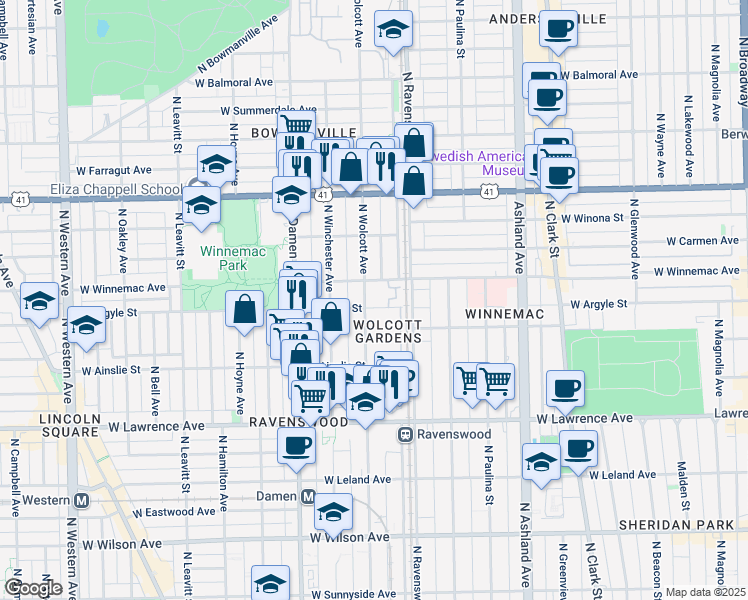 map of restaurants, bars, coffee shops, grocery stores, and more near 5014 North Wolcott Avenue in Chicago