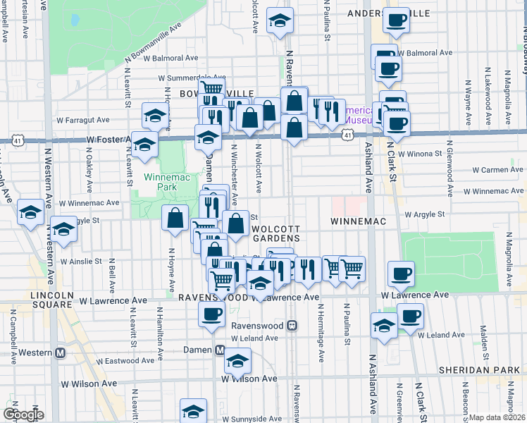 map of restaurants, bars, coffee shops, grocery stores, and more near 5014 North Wolcott Avenue in Chicago