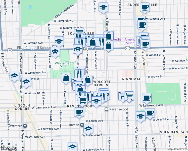 map of restaurants, bars, coffee shops, grocery stores, and more near 5014 North Wolcott Avenue in Chicago