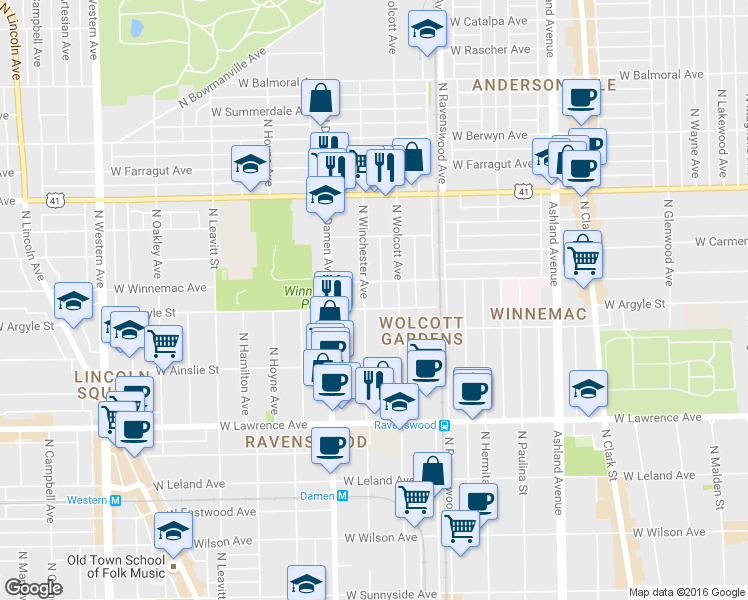 map of restaurants, bars, coffee shops, grocery stores, and more near 5016 North Winchester Avenue in Chicago
