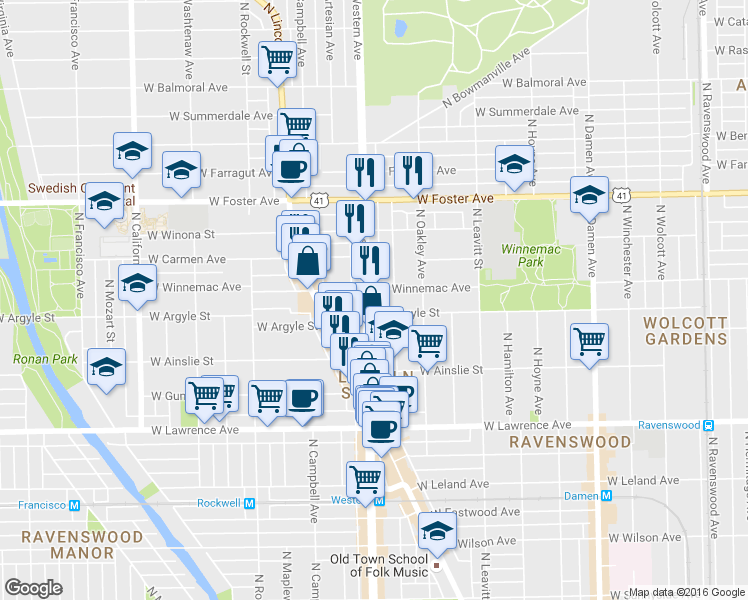 map of restaurants, bars, coffee shops, grocery stores, and more near 2351 West Winnemac Avenue in Chicago