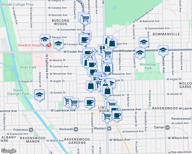map of restaurants, bars, coffee shops, grocery stores, and more near 2423 West Winnemac Avenue in Chicago