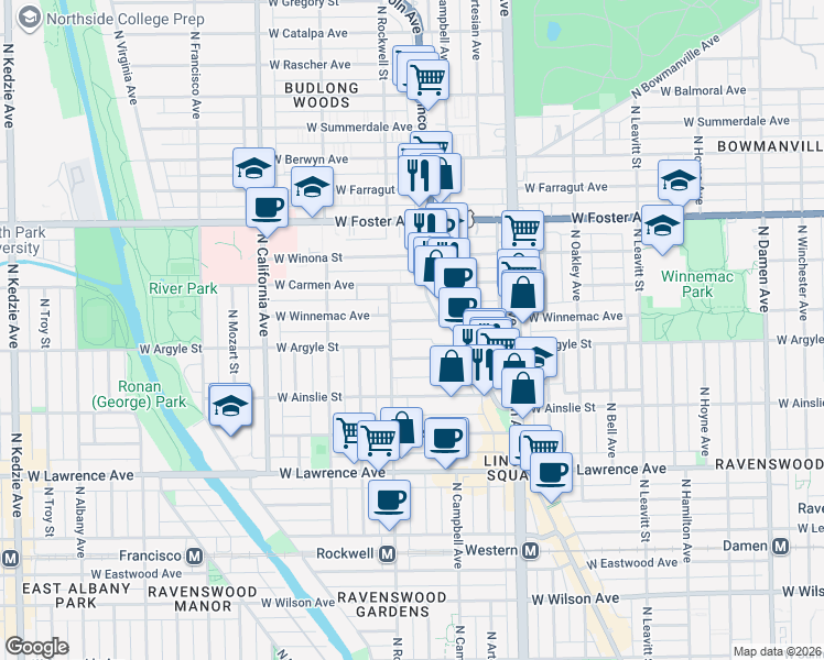 map of restaurants, bars, coffee shops, grocery stores, and more near 2540 West Winnemac Avenue in Chicago