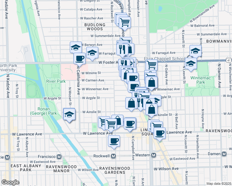 map of restaurants, bars, coffee shops, grocery stores, and more near 2540 West Winnemac Avenue in Chicago